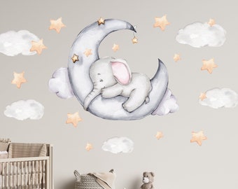 Nursery Wall Decal, Elephant on the Moon Sticker, Watercolor Murals, Forest Animals Nursery Decals, Baby Girl Nursery Decor, Kids Wall Decal