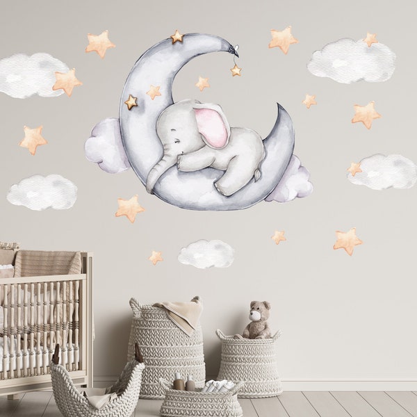 Sticker mural chambre d'enfant éléphant sur la lune, sticker éléphant sur la lune, peintures murales aquarelles, décoration chambre de bébé fille, sticker mural enfant