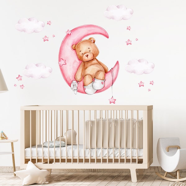 Pink Moon Teddy Bear Nursery Wall Decal - Sleeping Bear Cub on Moon Wall Art for Baby Girl Room | Cute Animal Decor for Girl Toddlers