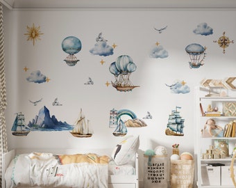 Watercolor Wall Art Textile Decals: Vintage Ship and Hot Air Balloons - Nautical Home Decor, Nursery Wall Decor, Whimsical Travel Theme