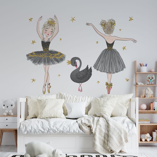 Ballerina Black Swan Nursery Wall Decal, Ballerina Dance Decals in Large Sizes, Kids Decal Gift for Baby Shower, Watercolour Nursery Decals