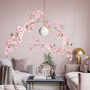 Large Sakura Wall Decals, Cherry Blossom Wall Stickers, Pastel Pink Flower Stickers, Living Room Decals, Bedroom Flower Decal