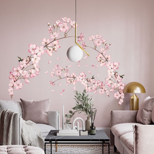 Große Sakura Wandaufkleber, Kirschblüten Wandaufkleber, Pastell Rosa Blumen Aufkleber, Wohnzimmer Aufkleber, Schlafzimmer Blumen Aufkleber