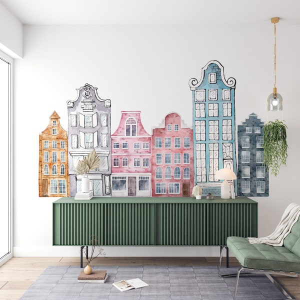 Set Of Watercolour Dutch Houses: Large Textile Wall Decals for a Charming Home Aesthetic