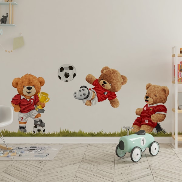 Fußball Kinderzimmer Wandtattoo, Teddybär Aufkleber, Sport Aufkleber, Aquarell Kinderzimmer Aufkleber