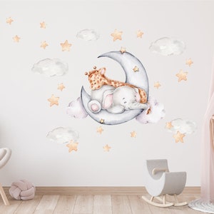 Elephant and Giraffe on the Moon Nursery Wall Decal, Safari Animals Wall Sticker, Watercolor Murals, Baby Nursery Decals Set Kids Wall Decal zdjęcie 3