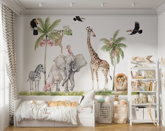 Jungle Animals Nursery Wall Decal, Safari Animals Decals in Large Size, Savanna Animals Stickers, Watercolour Nursery Decals
