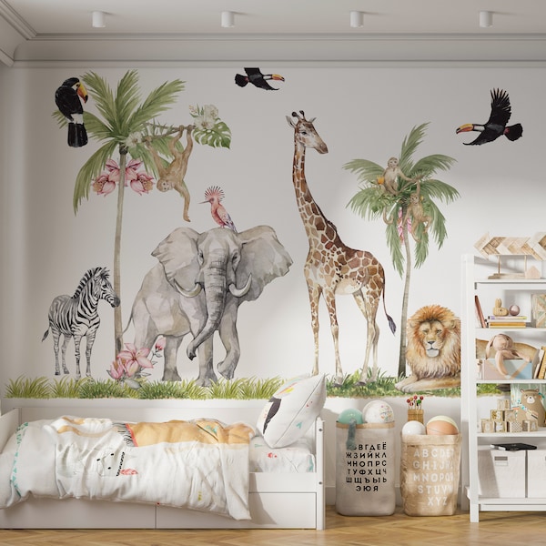 Sticker mural chambre d'enfant animaux de la jungle, Stickers animaux de safari en grande taille, Stickers animaux de la savane, Stickers aquarelle chambre d'enfant