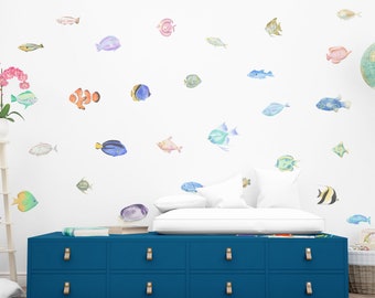 Aquarium Wall Decal, Colorful Fish Stickers, Under the Sea Stickers, Watercolor Nursery Decals