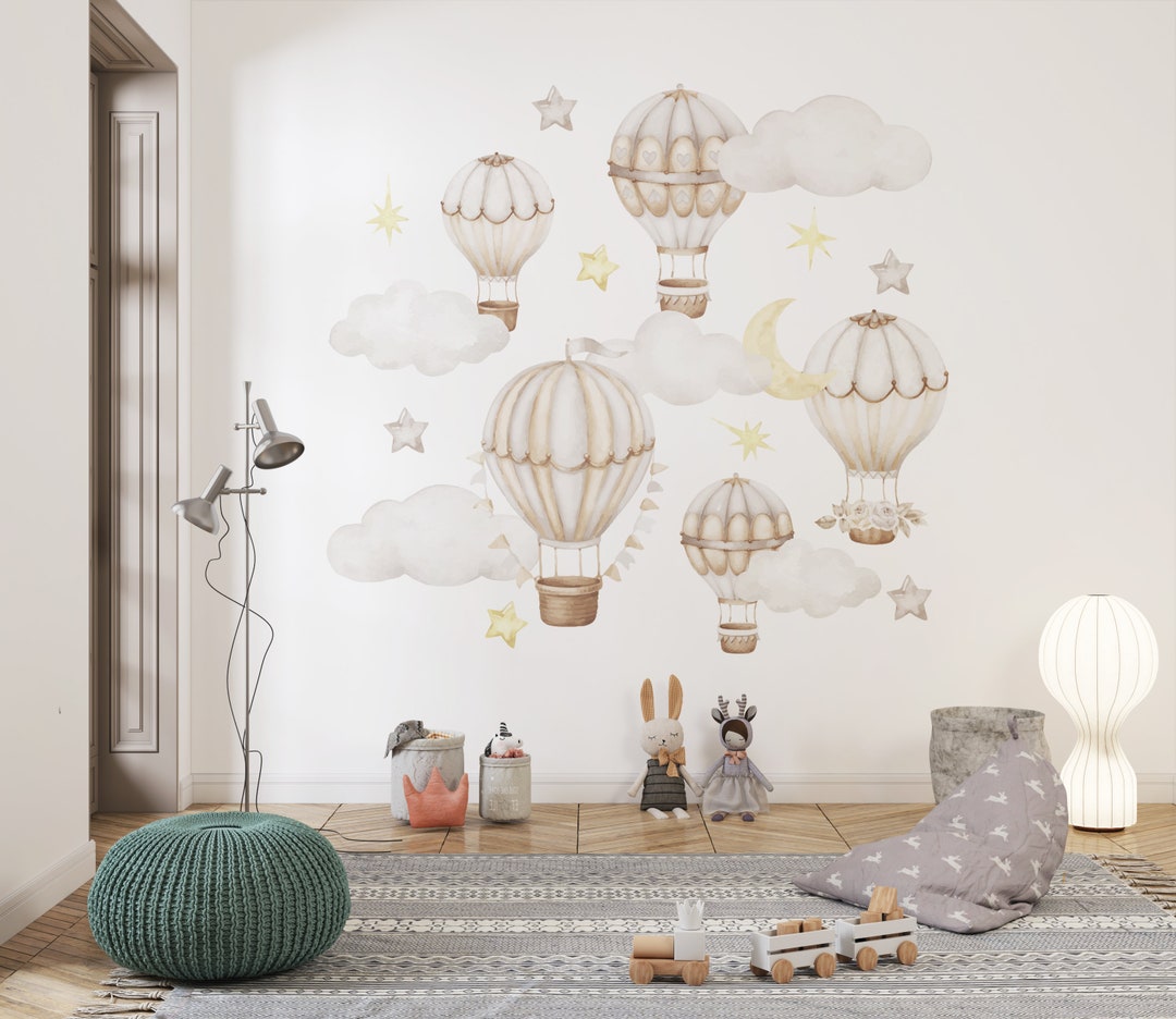 Pastel Hot Air Balloons Nursery Wall Decals, Watercolor Clouds and ...