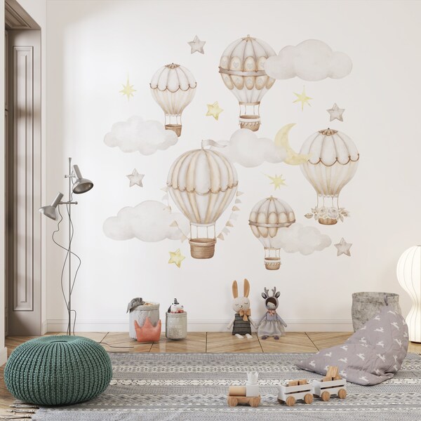 Décalcomanies murales pastel pour chambre d'enfant, ballons à air chaud, aquarelle nuages et étoiles, jeu de décalcomanies pour chambre de bébé