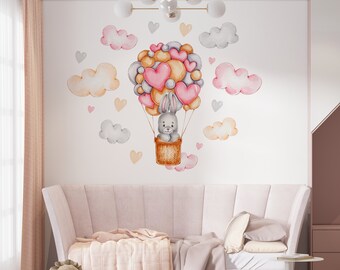 Bunny with Heart Balloons Nursery Wall Decal, Wall Sticker Hot Air Balloon, Watercolor Murals, Baby Nursery Decals Set Kids Wall Decal