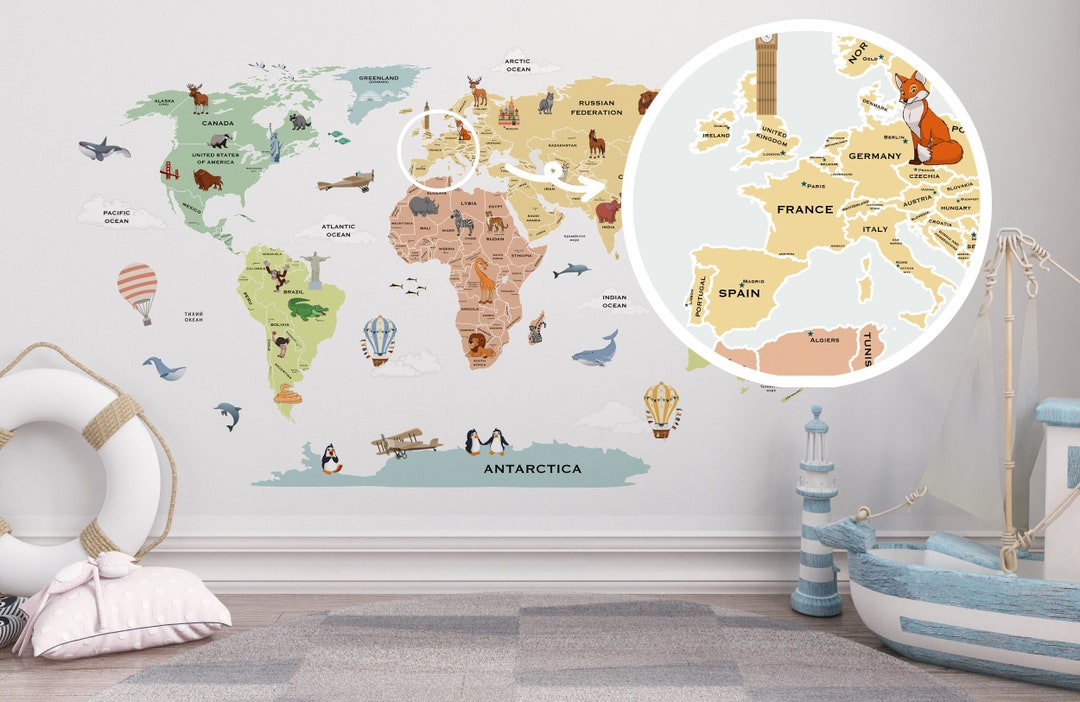 World Map Nursery Decals, World Map With Capitals Wall Sticker, Large