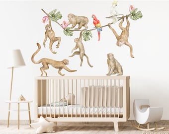 Cheeky Safari Monkey Wall Stickers - Easy Peel and Stick Wall Decal, Safari Animals Wall Sticker, Watercolor Murals, Baby Nursery Decals Set