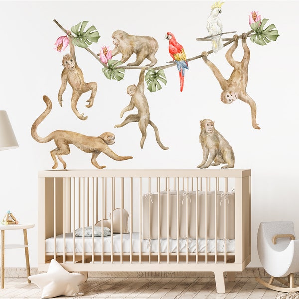 Brutale Safari Monkey muurstickers - Easy Peel en Stick muur sticker, Safari dieren muur sticker, aquarel muurschilderingen, baby kinderkamer stickers set