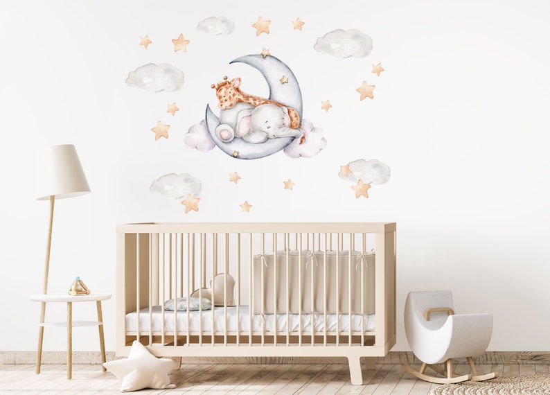 Elephant and Giraffe on the Moon Nursery Wall Decal, Safari Animals Wall Sticker, Watercolor Murals, Baby Nursery Decals Set Kids Wall Decal zdjęcie 2