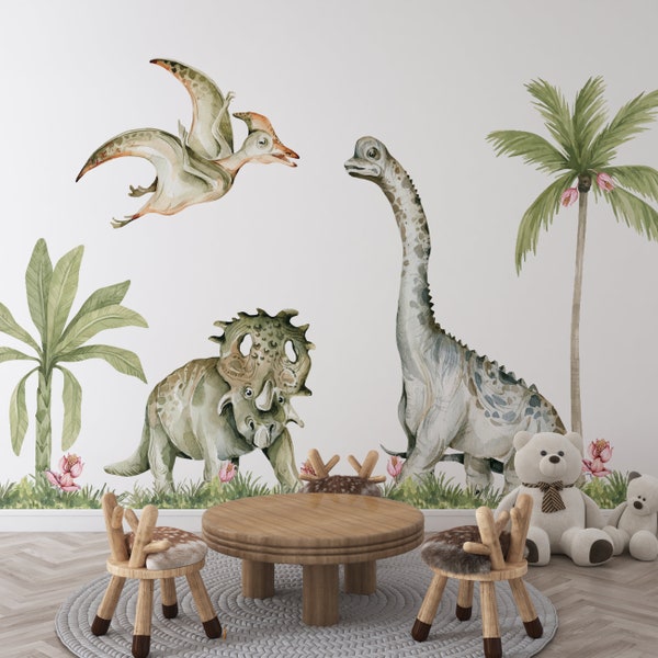 Sticker mural chambre d'enfant dinosaures, stickers dinosaures grande taille, stickers chambre d'enfant dinosaures, stickers aquarelle