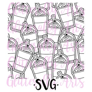 May include: Black and white line art pattern of multiple iced coffee drinks with whipped cream and straws. The pattern is seamless and repeats.