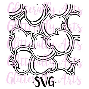 May include: Black and white line art design of a group of marshmallow peeps. The design is perfect for creating a cut file for a craft project.