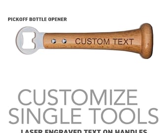 May include: A wooden baseball bat bottle opener with a silver bottle opener on one end. The bat is engraved with the text "CUSTOM TEXT".