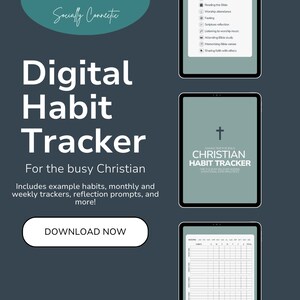 May include: A digital download for a Christian habit tracker. The image shows a tablet screen with a blue background and the text "Christian Habit Tracker" in white. The text "Making Time for Jesus" is also visible on the screen. The image also includes a button that says "Download Now".