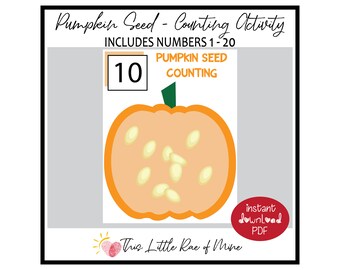 May include: A printable educational activity sheet featuring a pumpkin seed counting exercise. The design includes a large orange pumpkin with seeds, the number 10 in a box, and the text "Pumpkin Seed Counting." The sheet is designed for numbers 1-20.