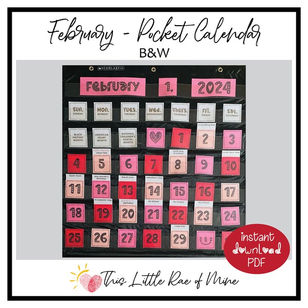 February Pocket Calendar - Printable - Calendar Cards - DIY - Make your own calendar - pattern - bulletin board ideas - classroom decor