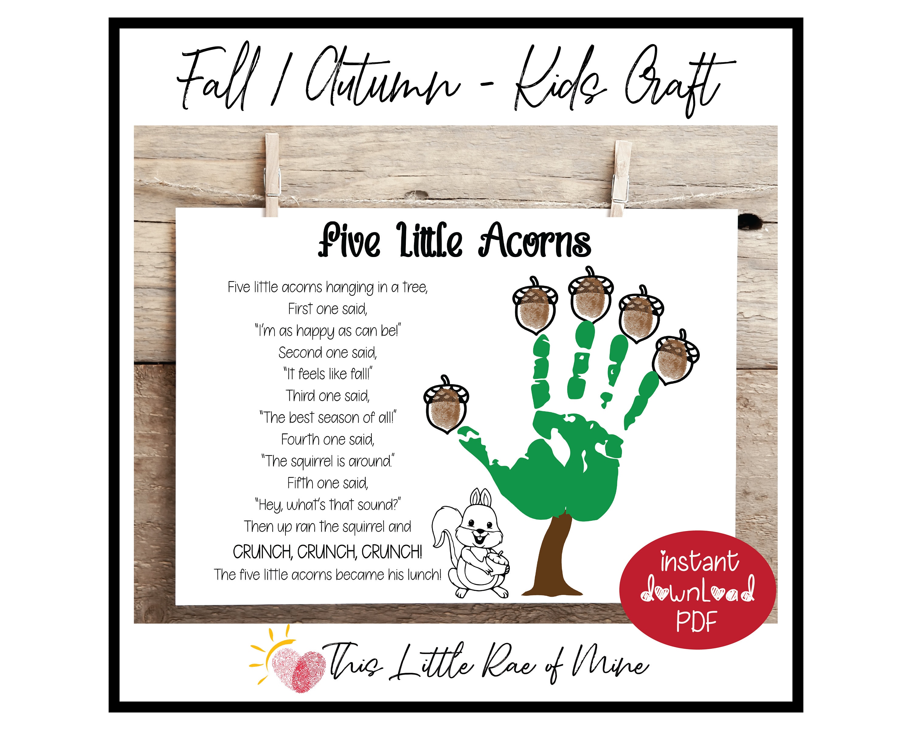 Five Little Acorns - handprint Art - empreinte digitale - Souvenir imprimable - artisanat pour enfants - activité saisonnière - école - poème - Automne - Automne