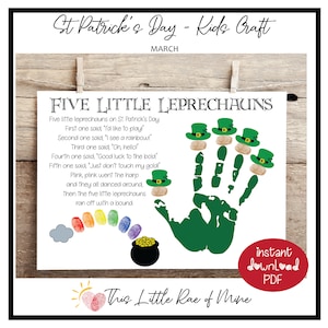 May include: Printable St. Patrick's Day craft for kids featuring a green handprint with five leprechauns wearing hats. The craft includes a rhyme about five little leprechauns and a pot of gold. The text reads "Five Little Leprechauns".