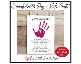 May include: A white print with a purple handprint and text that reads "A Grandchild's Hand." The print is hanging on a wooden background with a clothes pin. The text includes the phrases "promise for tomorrow" and "instant download PDF."