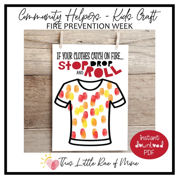 Stop Drop Roll - fingerprint - fire - Fire Safety Prevention Week - October - handprint Art - photo - Keepsake - Printable - Craft for kids