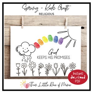 May include: A printable coloring page featuring a rainbow, a cloud with a smiling face, a sun, and flowers. The text "God Keeps His Promises" is written below the rainbow. The page is designed for kids and is part of a spring-themed craft.