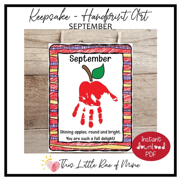 September Apple - handprint Art - Keepsake - Printable - DIY kid craft - school activity - homeschool - Memory book page - monthly handprint