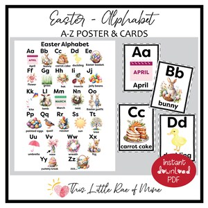 May include: A colorful alphabet chart with illustrations of Easter-themed objects, such as a bunny, carrot cake, and Easter eggs. The chart is titled "Easter - Alphabet" and includes the letters A through Z with corresponding images and words.
