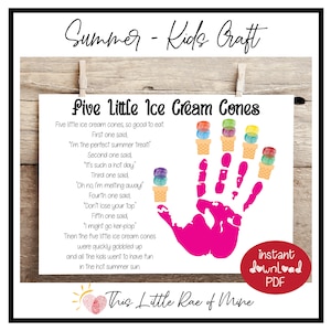 Fünf kleine Eistüten - Sommer - Gedicht - Handabdruck Kunst Andenken - Druckbar - DIY kinder handwerk - Sommerferien Aktivität - Schule - Zuhause