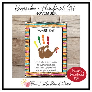 November - turkey - handprint Art - Keepsake Printable - DIY kid craft - school activity - homeschool - Memory book page - monthly handprint