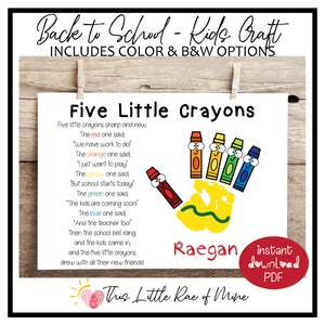 Five Little Crayons - Back to School - Colors - Poem - handprint Art - Keepsake - Printable - DIY kid craft - school activity - homeschool