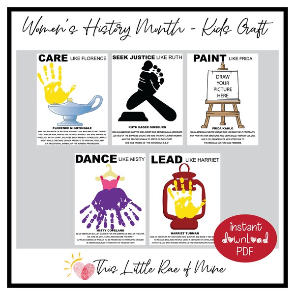 Women's History Month - Historical Women - handprint Art - Printable DIY kid craft - school art project activity - homeschool