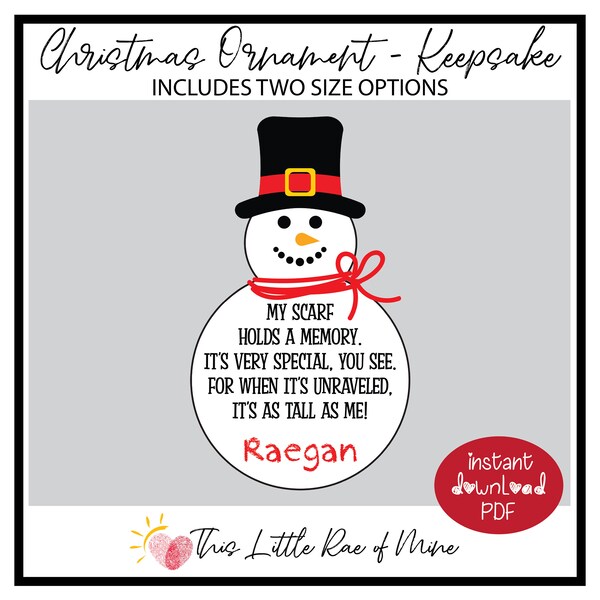 Snowman - Scarf - Christmas - Ornament - Keepsake - Printable for kids - DIY Craft - winter - gift - holiday activity - Christmas memory