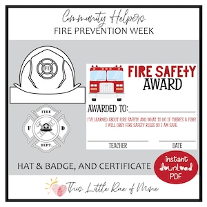 Fire Safety - Fire Prevention Week - Fire Dept - Fireman - Hat - Badge - Award Certificate - Printable - School Activity - Homeschool - fall