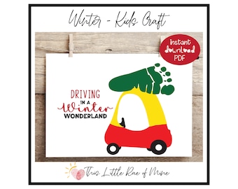 May include: A printable kids craft featuring a red, yellow, and black car with a green footprint on top. The text "Driving in a Winter Wonderland" is in red and cursive. The words "Winter - Kids Craft" are at the top.