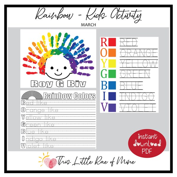 Roy G Biv - Rainbow - St Patrick's Day Printable - handprint Art - DIY kid craft - school activity - school project - homeschool - March