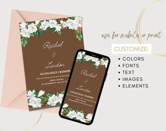 Rustic Wedding Invitation | Magnolia Wedding Invitation | Classic Wedding Invitation Template | White Floral Wedding Invitation Template