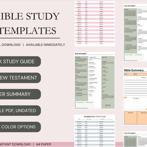 Puede incluir: Plantillas de estudio bíblico imprimibles con una guía de estudio de 52 semanas, el Antiguo y el Nuevo Testamento, un resumen de los capítulos y una página de resumen de la Biblia. Las plantillas están disponibles en varias opciones de color y son imprimibles en formato PDF.