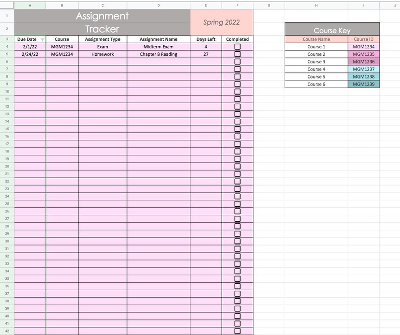 Class Assignment Tracker Google Sheets Spreadsheet Template Etsy