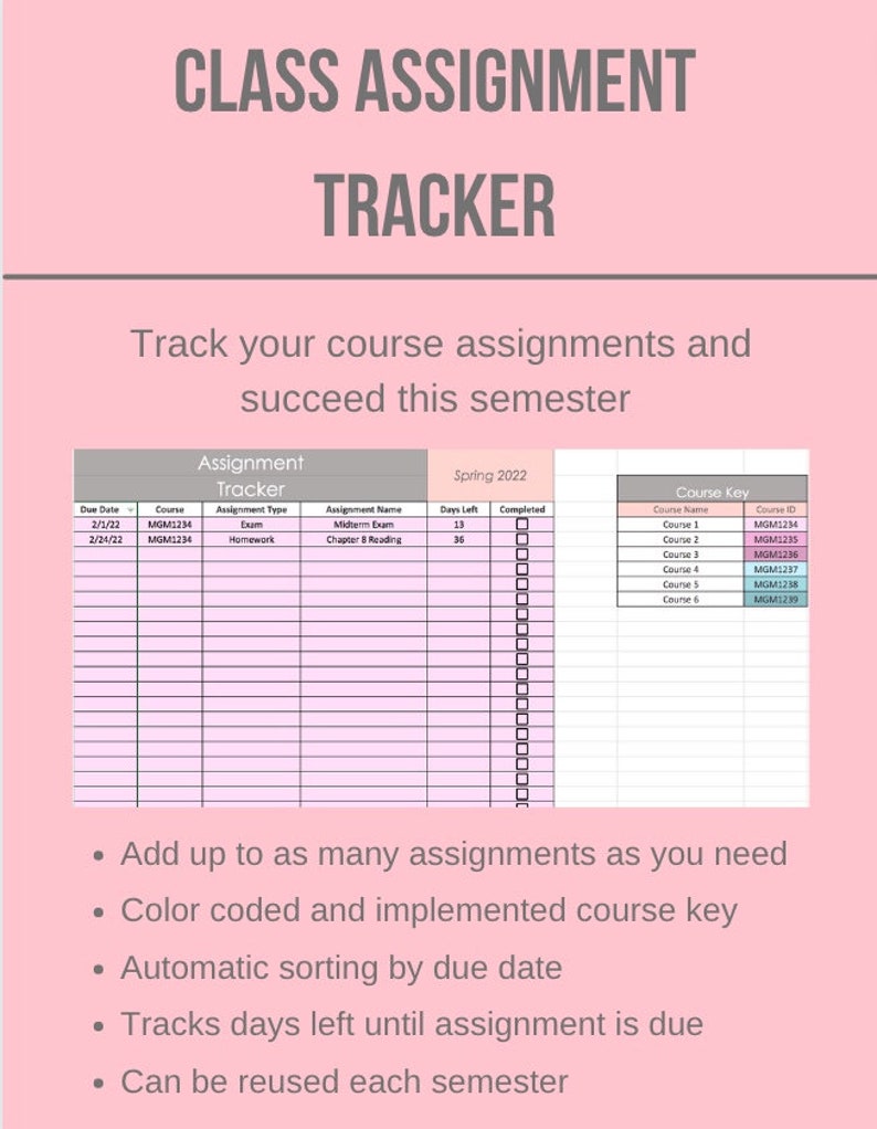 Class Assignment Tracker Google Sheets Spreadsheet Template Etsy