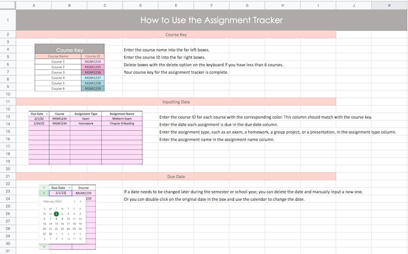 Class Assignment Tracker Google Sheets Spreadsheet Template Etsy