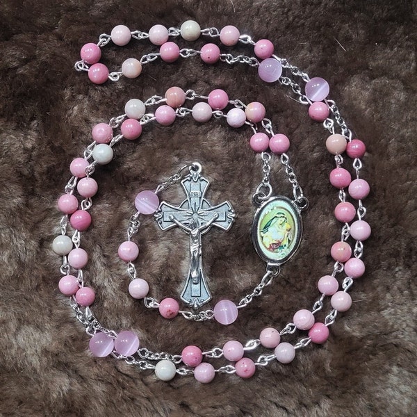 St. Rose of Lima Rosary Beads, Handmade with Rhodonite and Glass Cat's Eye