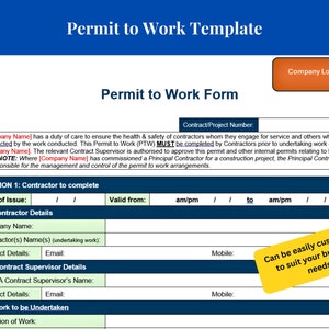 Peut inclure: Un modèle de formulaire de permis de travail avec un design bleu et blanc. Le formulaire comprend des sections pour les détails de l'entrepreneur, les détails du superviseur du contrat et les détails des travaux. Le texte sur le formulaire comprend "Permis de travail" et "Peut être facilement personnalisé."