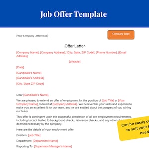 Plantilla de carta de oferta personalizable / Plantilla de oferta de trabajo / Gestión de nuevos empleados / Documento de Word / Formulario de carta de oferta / Formulario de carta >><<